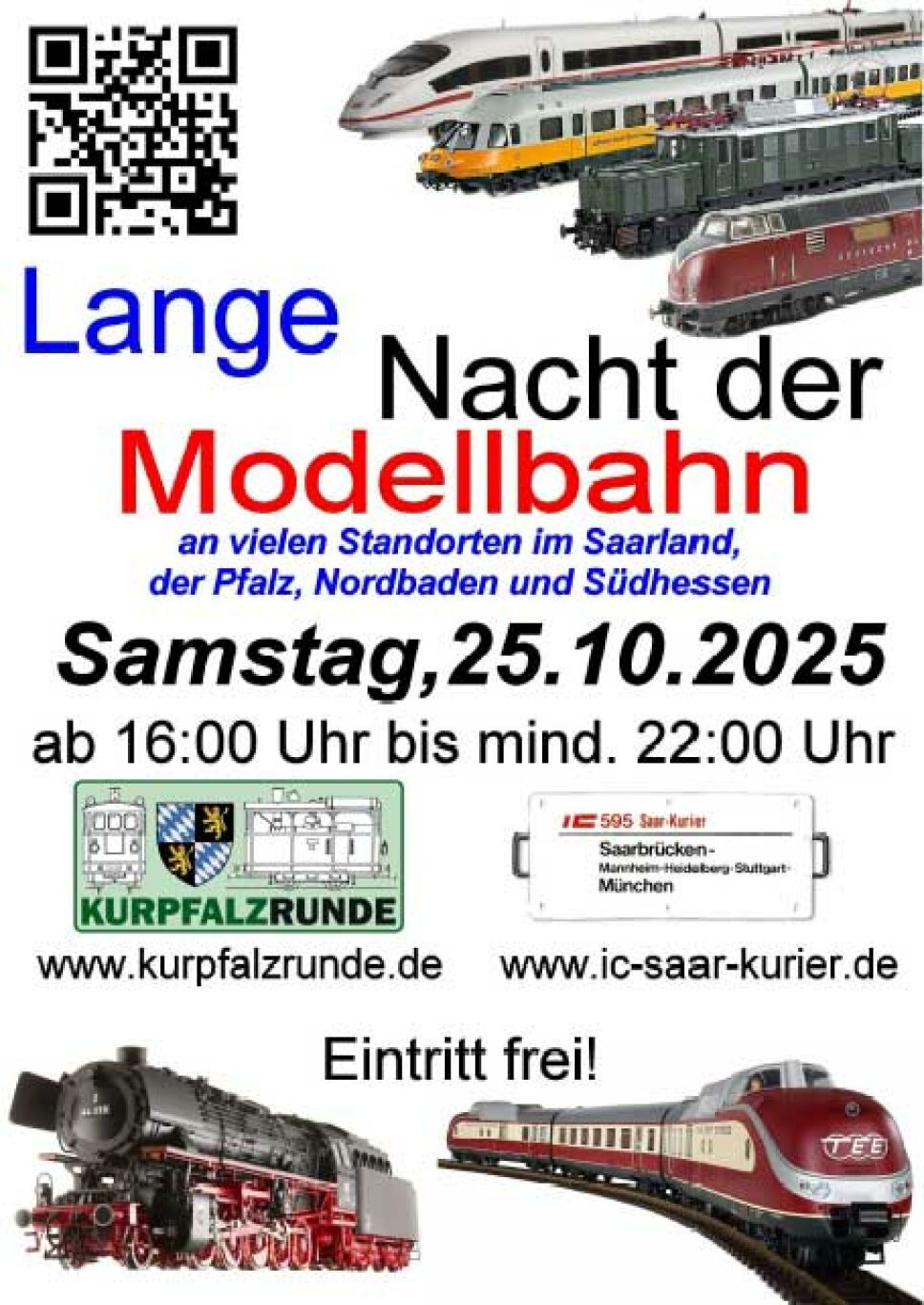 Veranstaltungsplakat mit Datum und Modellbahnfahrzeugen