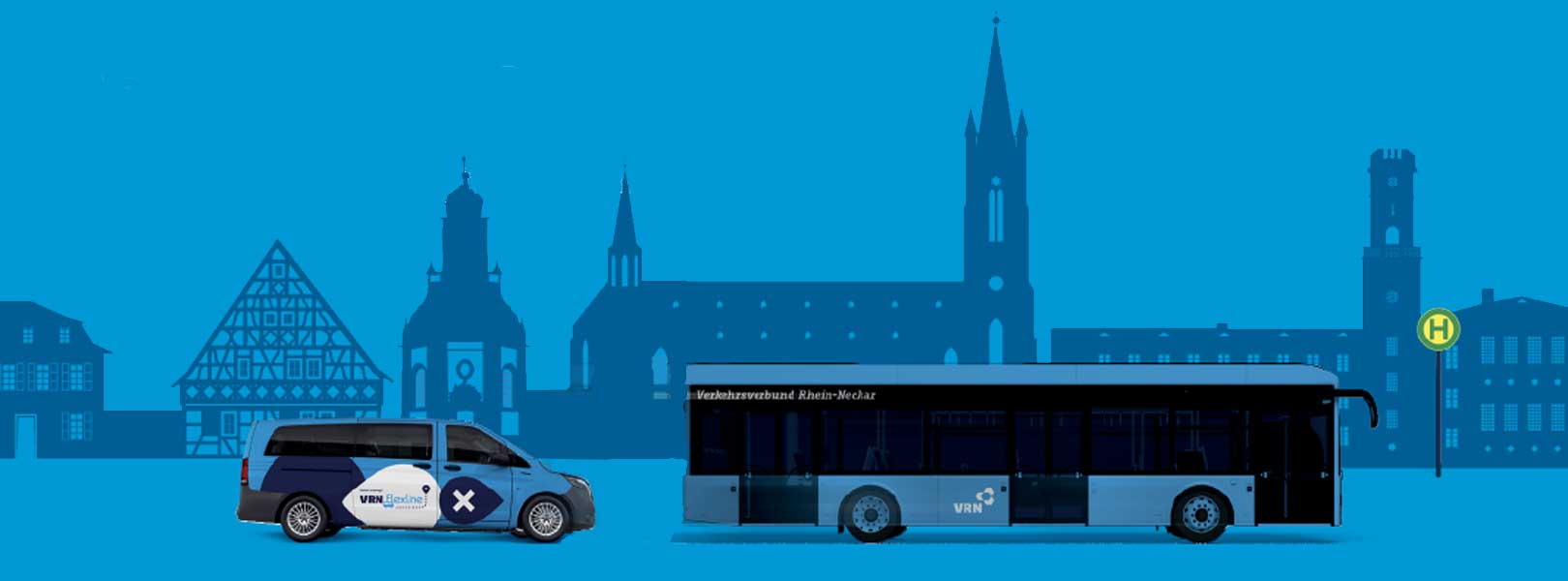 Grafik eines VRN-Busses vor der Silhouette von Lampertheim